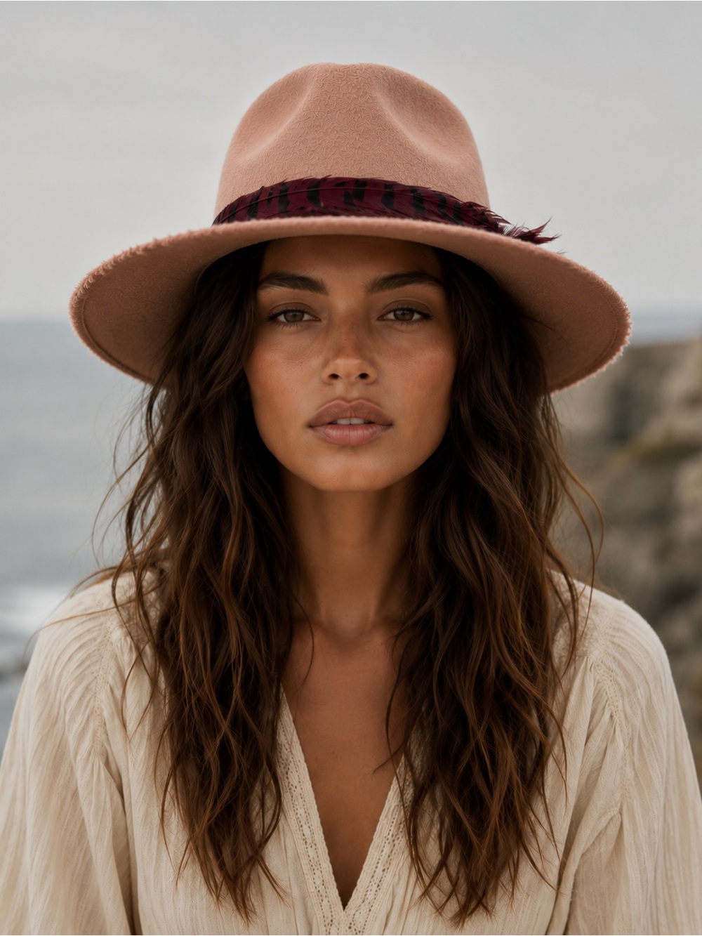 Michael Stars Tan Blush Wide-Brim Fedora with Feather Trim NORDSTROMS